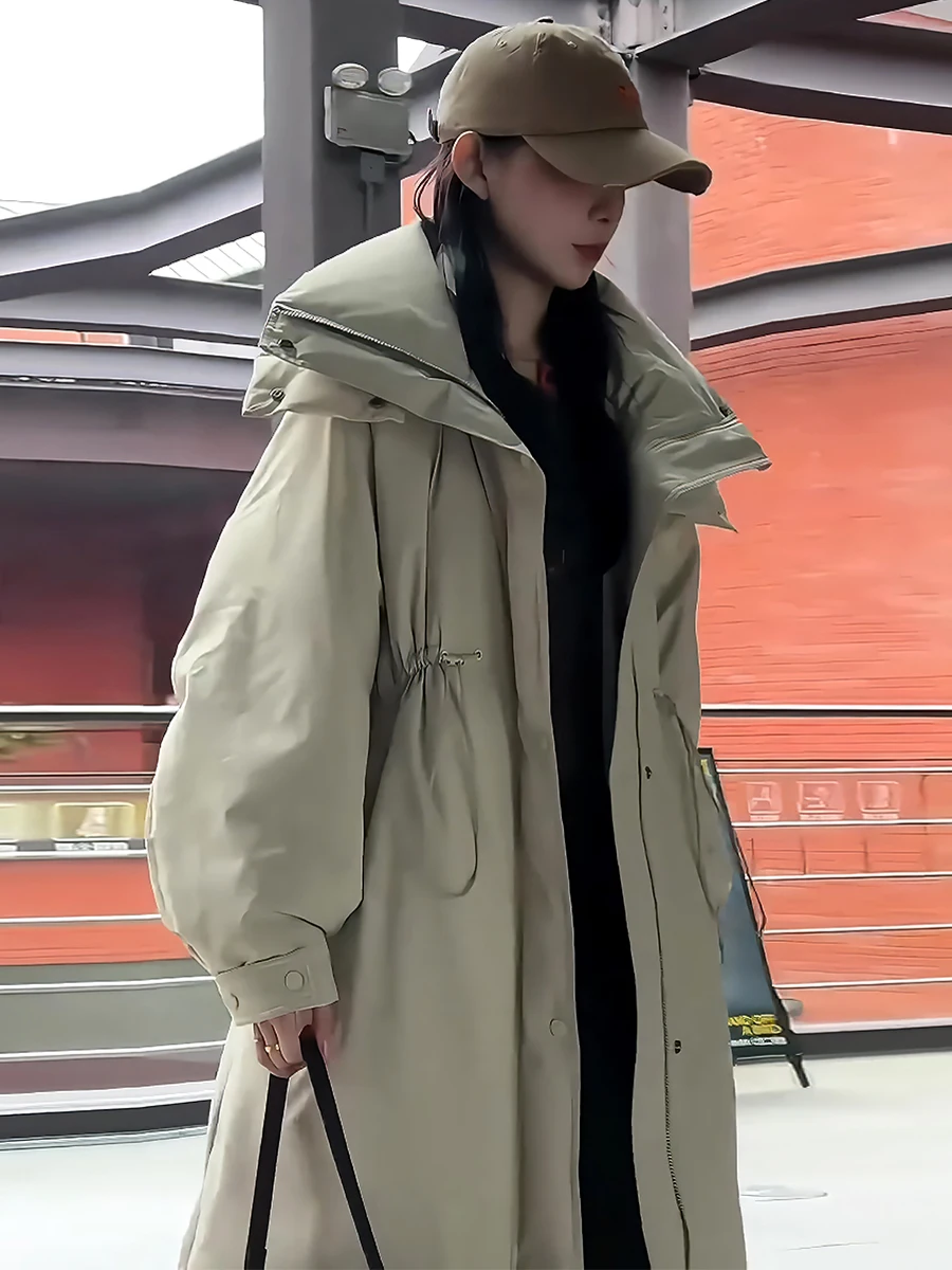 

Модная белая женская удлиненная куртка-пуховик с капюшоном, повседневное утепленное зимнее пальто с завязками