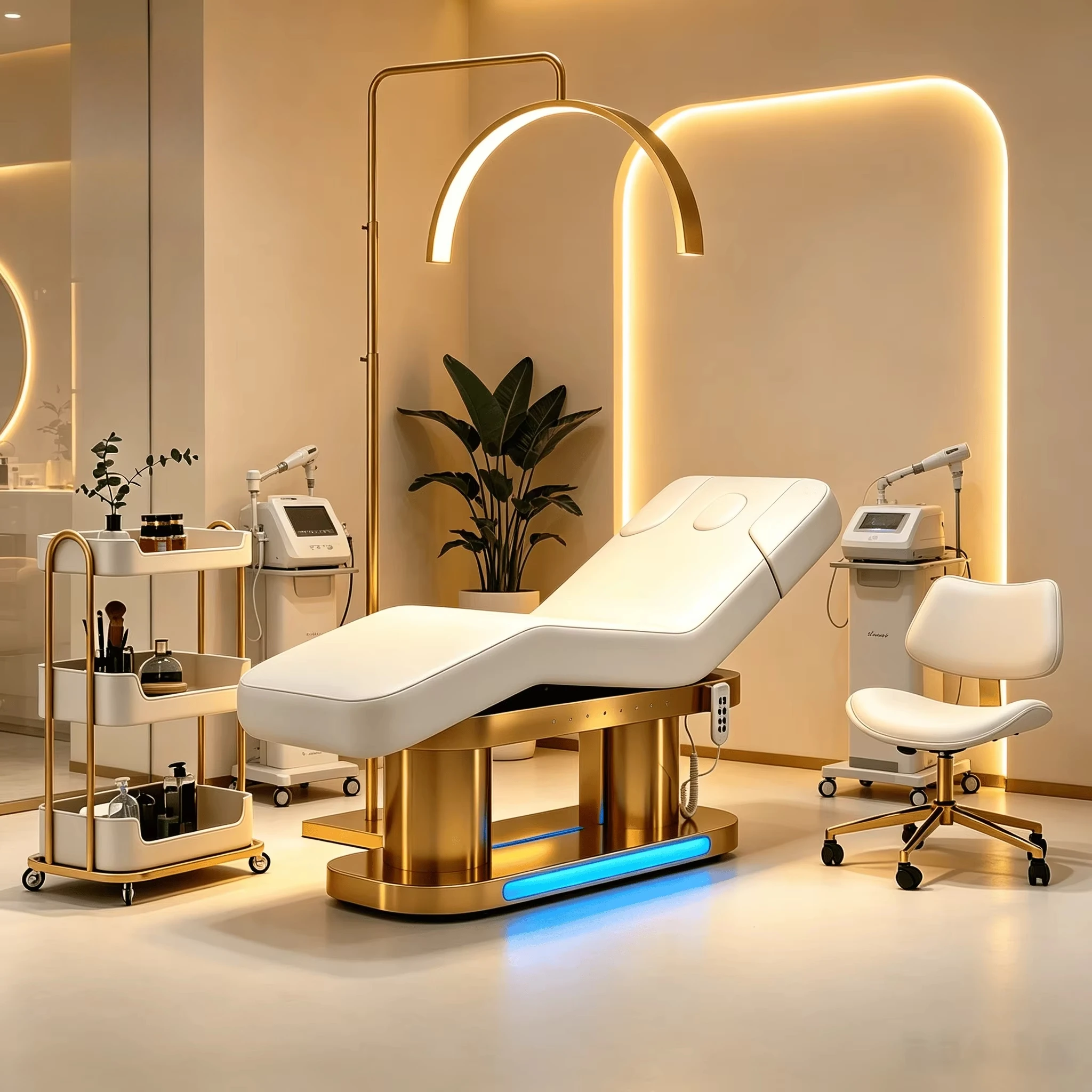 Modern Salon Furniture Pu Leather Facial Beauty Spa Treatment Massage Table Lash Bed Curved with Gold Base