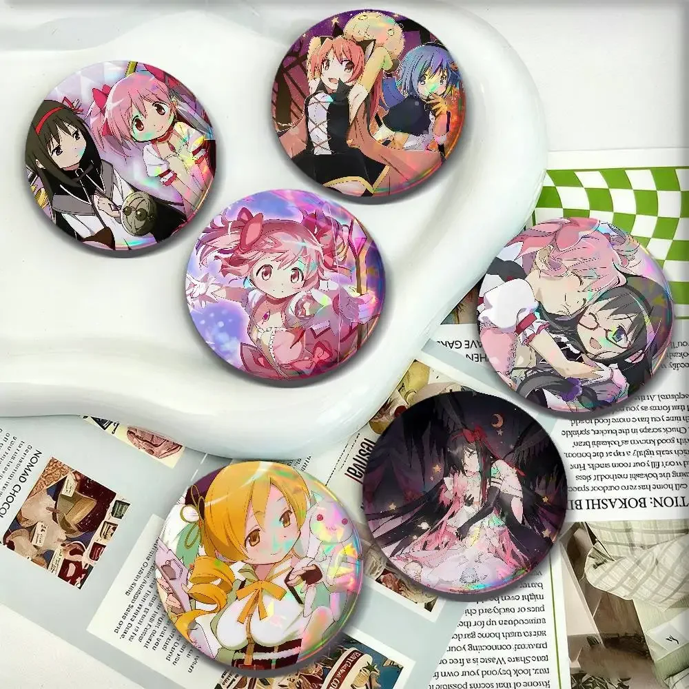 Cartoon Anime M-Madoka M-Magica For Badge Personalized Custom Laser Reflective Badge Hologram Metal Enamel Brooch Souvenir Gift