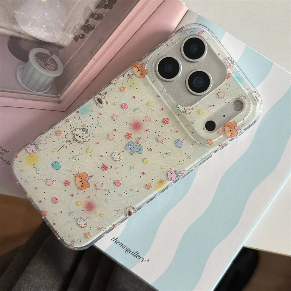 Glitter lines cherry animal cartoon phone case for iPhone 17 Pro 14 15 Pro Max 16 pro 17 cover with hinge cute protection Cases