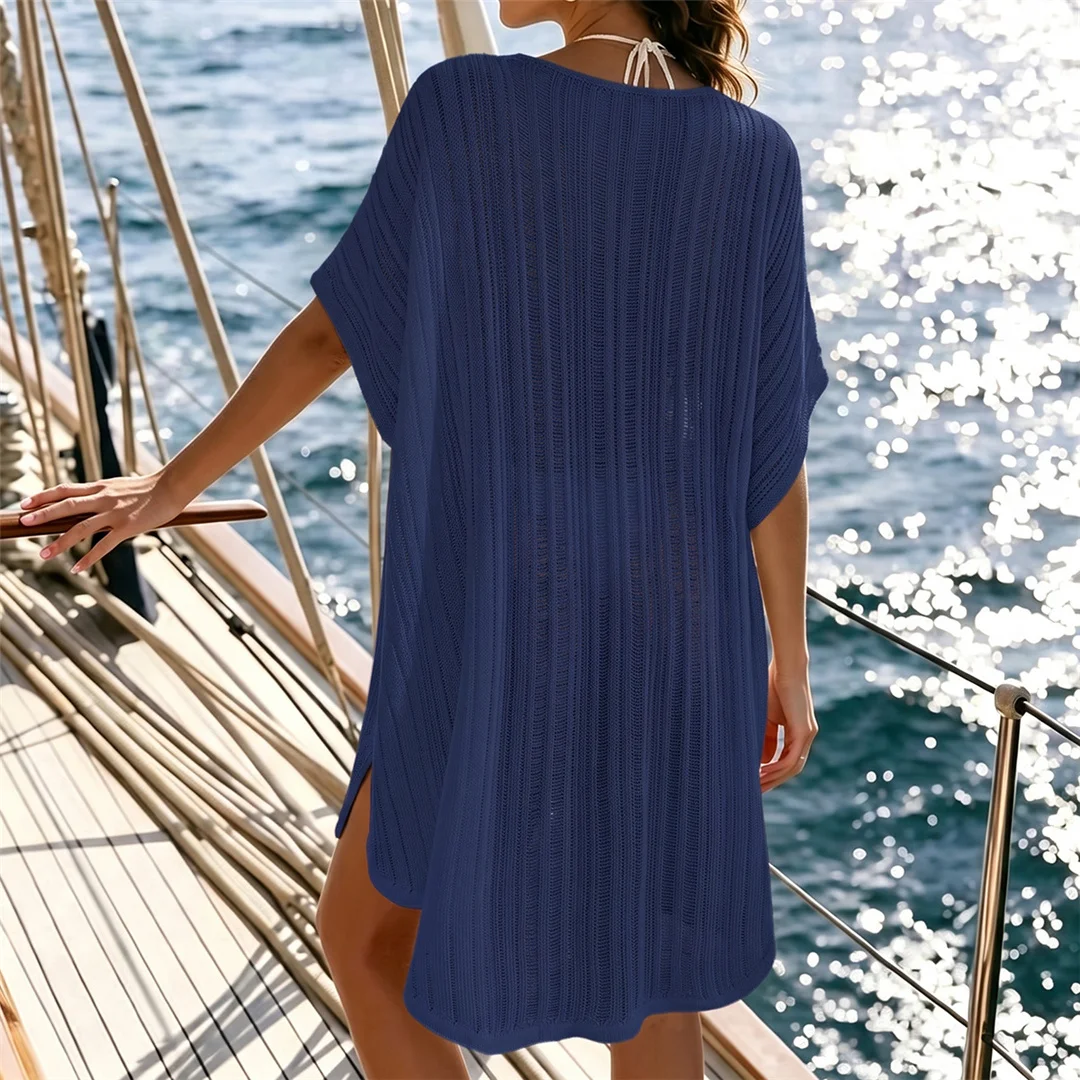 Neues, kurzärmeliges, einfarbiges, gehäkeltes Strick-Tunika-Strandkleid mit V-Ausschnitt, Strandkleid, Strandmode, Damen V8534 – Detail 9