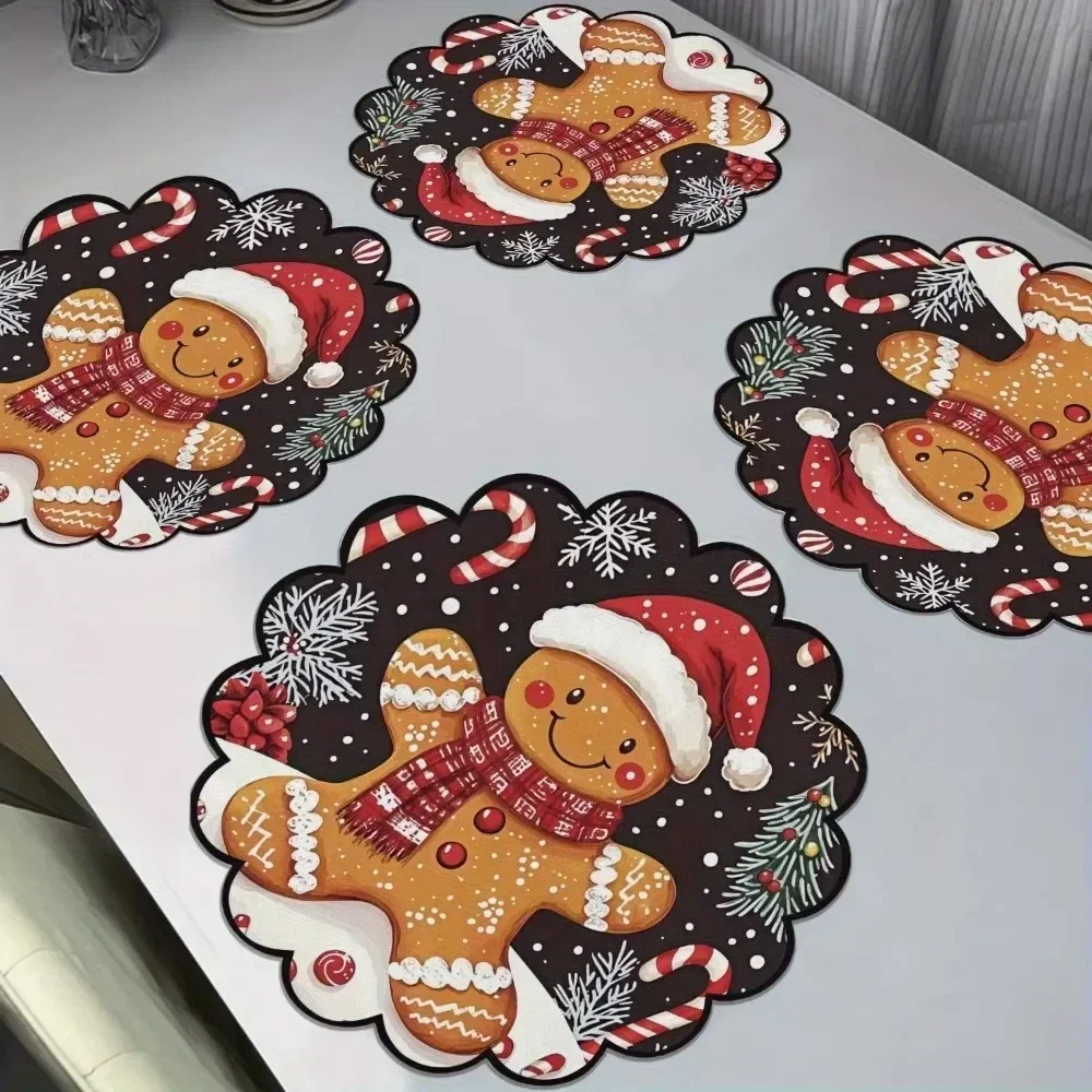 4PCS 15 Inch Christmas Placemats Round Circular Waves Non Slip Heat Resistant Table Mats Winter Xmas Dining Party Decor Set