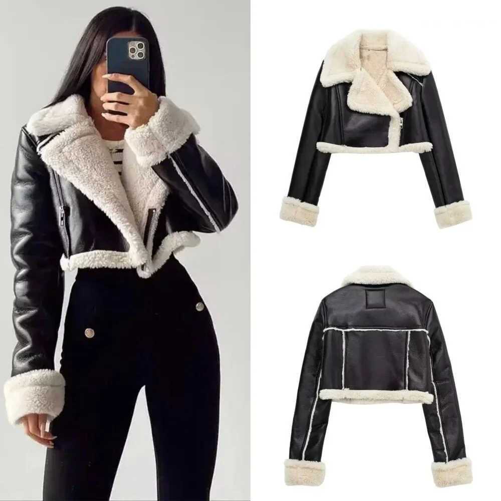 Women\'s Cropped Leather Jacket Coat Black Wool Blends Coats Bomber Tweed Jacket Autumn Winter Leather and Fur Crop Jacket