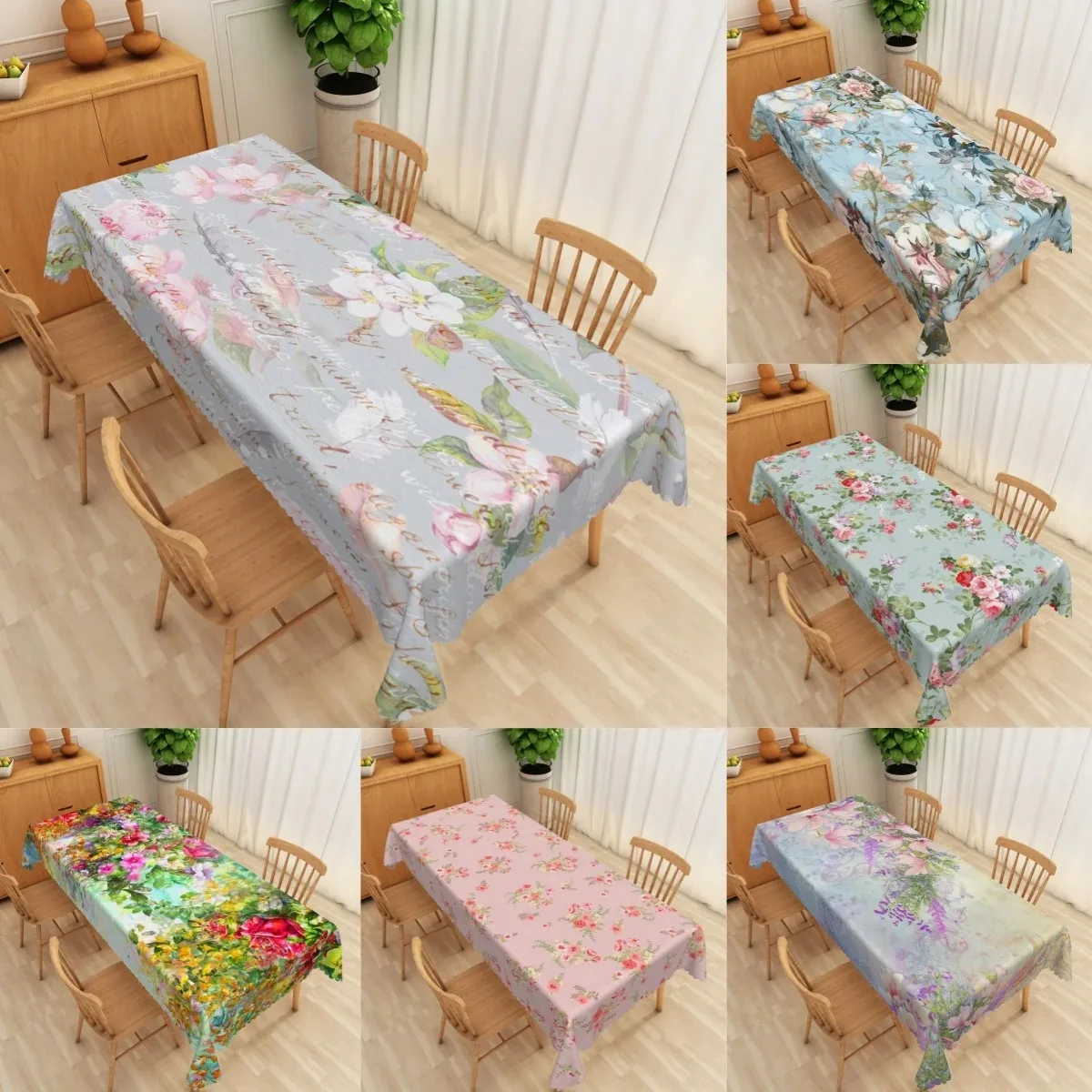 

Spring Summer Watercolor Floral Table Cloth Waterproof Polyester Rectangular Table Cover For Outdoor Picnic Dining Kitchen
