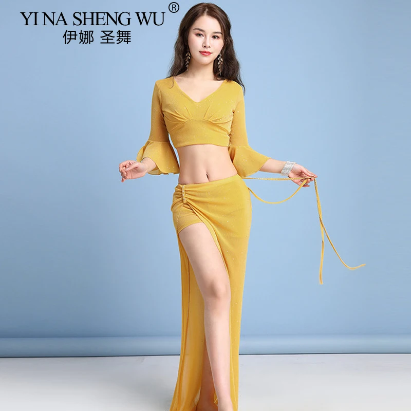 

Одежда для тренировок по танцу живота, костюм для взрослых и женщин, одежда для занятий танцем живота, топ и длинная юбка, костюм, сексуальная тренировочная одежда