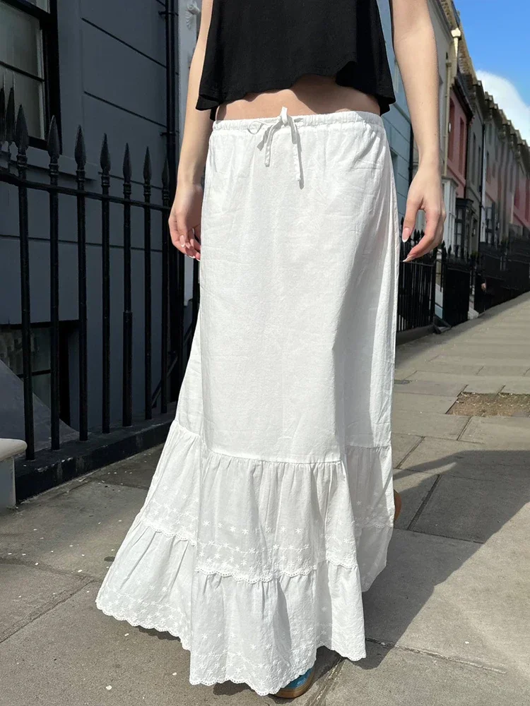 Women Floral Embroidery Drawstring Long Skirts 2024 Sweet Ladies White Lace Trim High Waist Cotton Female Solid Ruffles Skirts