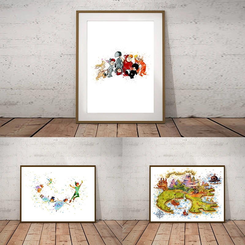 Peter Pan y los niños perdidos, impresión en acuarela, decoración para habitación infantil, Peter Pan y Wendy volando, impresiones artísticas en lienzo para habitación infantil.