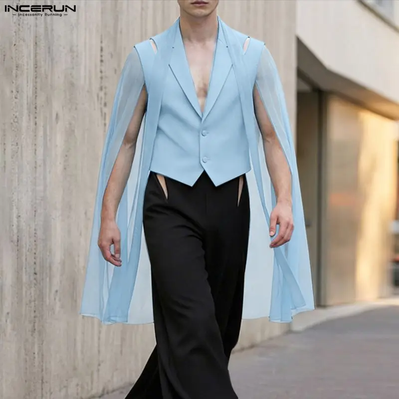 INCERUN Men Irregular Blazer Mesh Patchwork See Through Lapel Suit For Man Streetwear 2026 Fashion Casual Blazer Men Cloak Cape