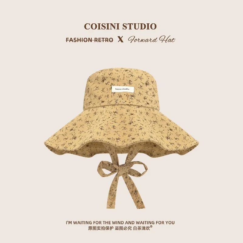 Japanischer Literarischer Retro-Bucket-Hat mit Breiter Krempe und Riemen für Damen, Frühling und Sommer Reise-Sonnenschutz, Blumen-Jacquard Sonnenhüte