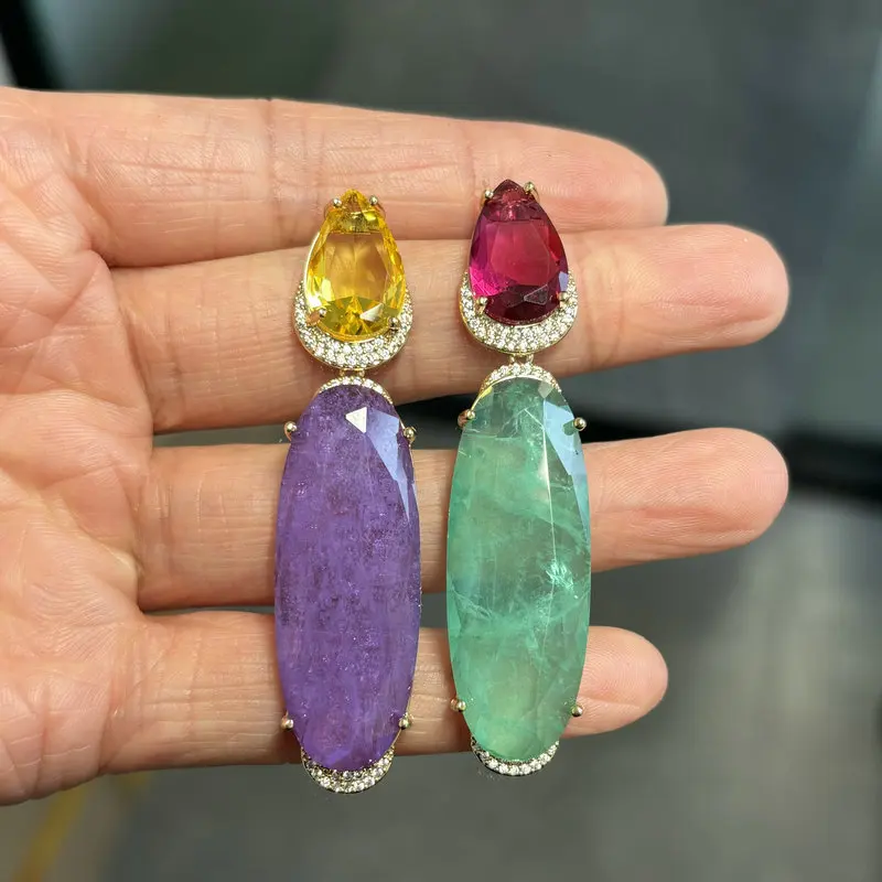 Bilincolor Fashion Yellow and Purple Cubic Zirconia Earring for Women Jewelry
