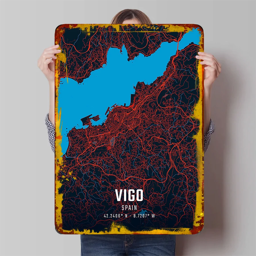Vigo España Mapa de la ciudad Arte de pared de metal Decoración moderna para el hogar Recuerdo de viaje único para sala de estar Oficina