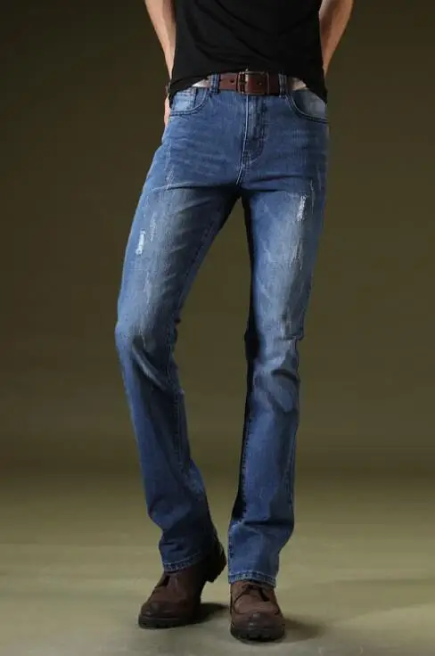 Men\'s Distressed Washed Jeans Elastic Flared Pants , High Waisted Denim Trousers, Wide Leg Pants