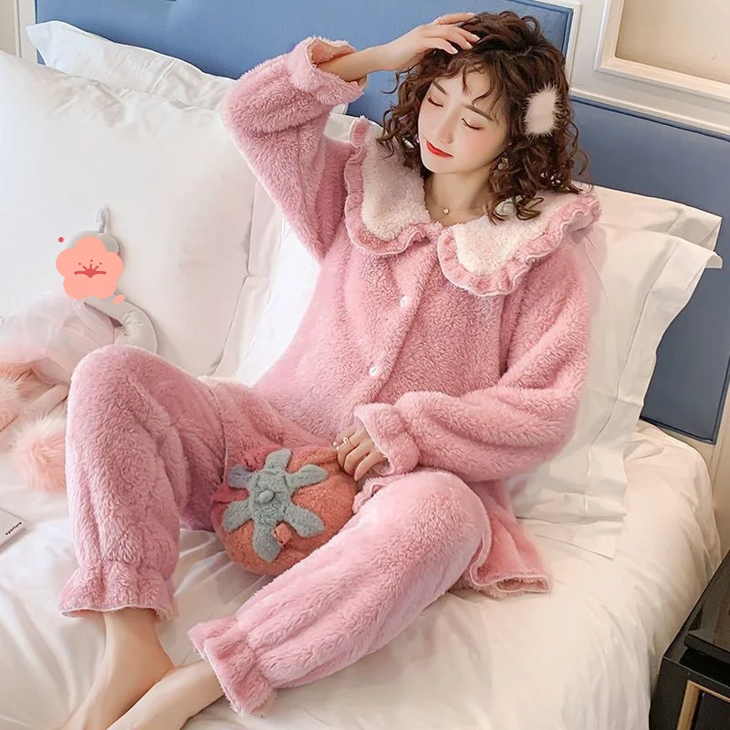 

winter Women's pajamas coral fleece thicken keep warm cardigan two-piece set autumn fleece-lined Korean version Pajama Set suit