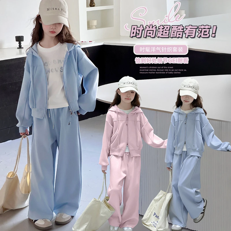 2026 Autumn Winter Girls Clothes Set Children Suit Teenager Tracksuit Jacket hooded top + Wide Leg Pants 4 8 10 11 12 14 Years