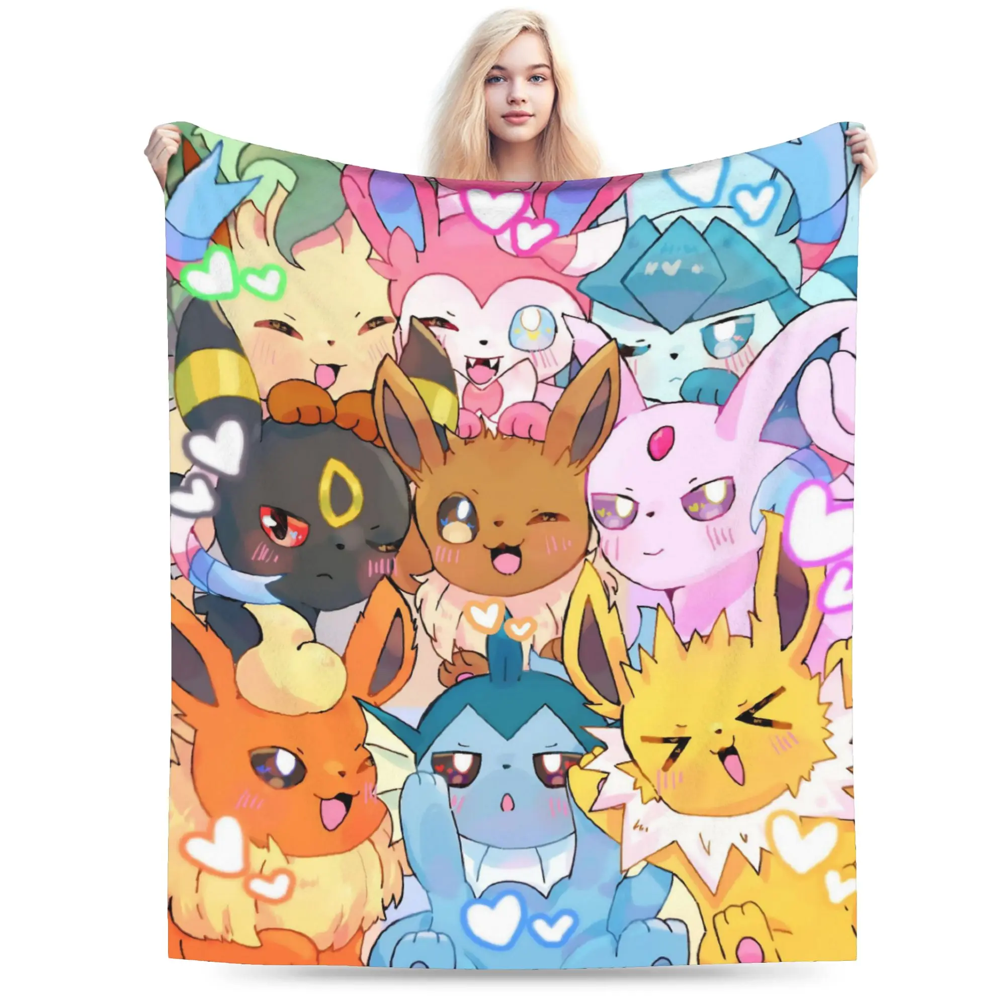Eevee Eeveelution Pokemon Coperta lavorata a maglia carina Flanella Coperte leggere e sottili per divano per auto Copriletto