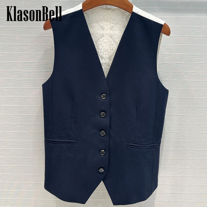 

7.11 KlasonBell Women Commuter Casual Contrast Color V-Neck Button Vest Or Lace Spliced Fake Two Piece Lace-up Straight Pants