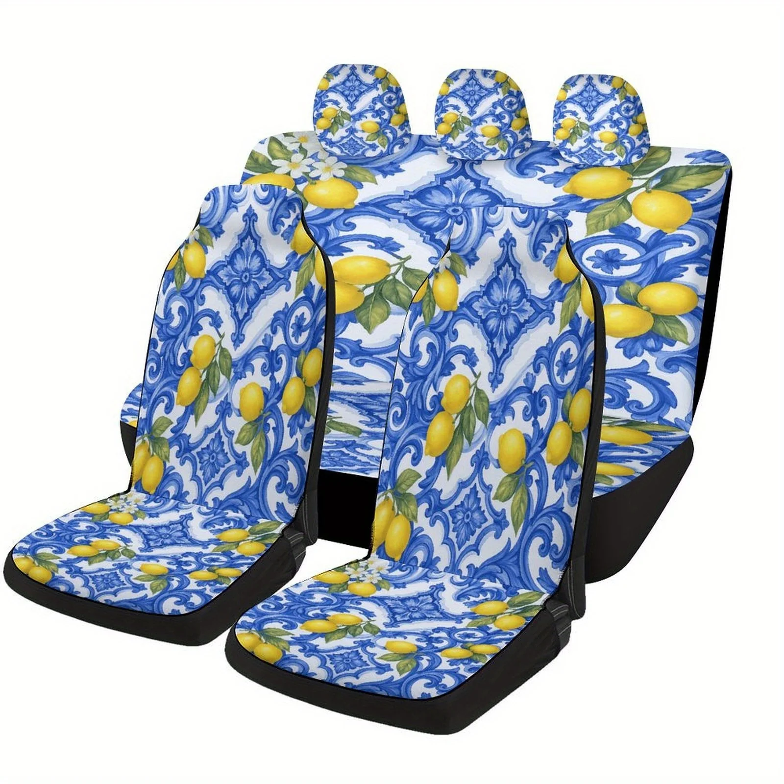 Lemon Tiles Pattern Themed Car Seat Cover Set For Most Cars, Trendy Novelty Car Seat Protector Covers Full Set, Car Seat Covers