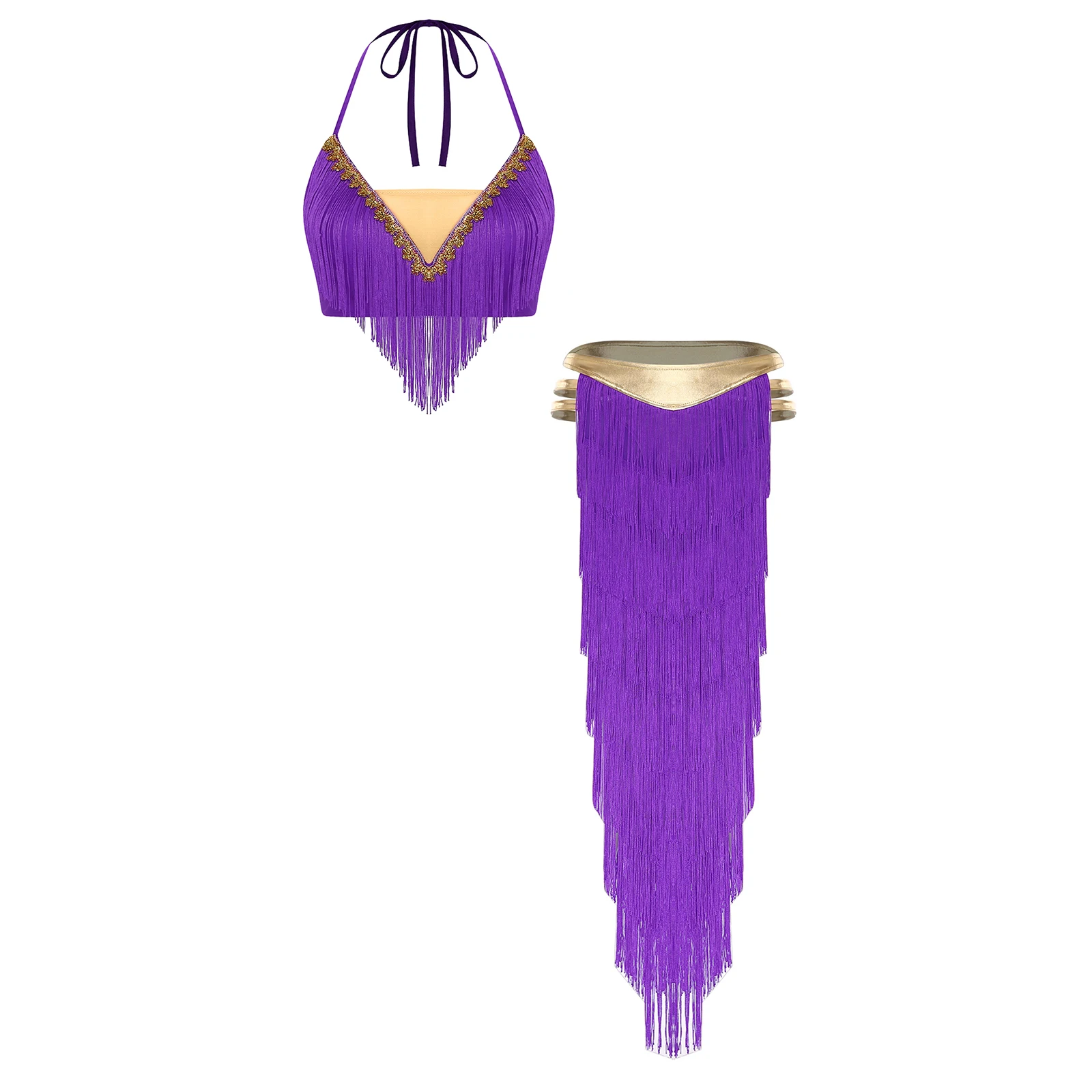 

Women Sexy Belly Samba Dance Fringed Outfits Halter Tassel Crop Top and Tiered Tassel Briefs Skirt for Carnival Halloween Party