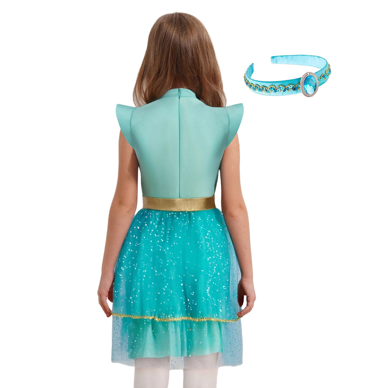 Gaun Cosplay Putri Melati Anak Perempuan Kostum Dongeng Arab Halloween Tutu Lapisan Jaring Payet dengan Ikat Kepala Permata