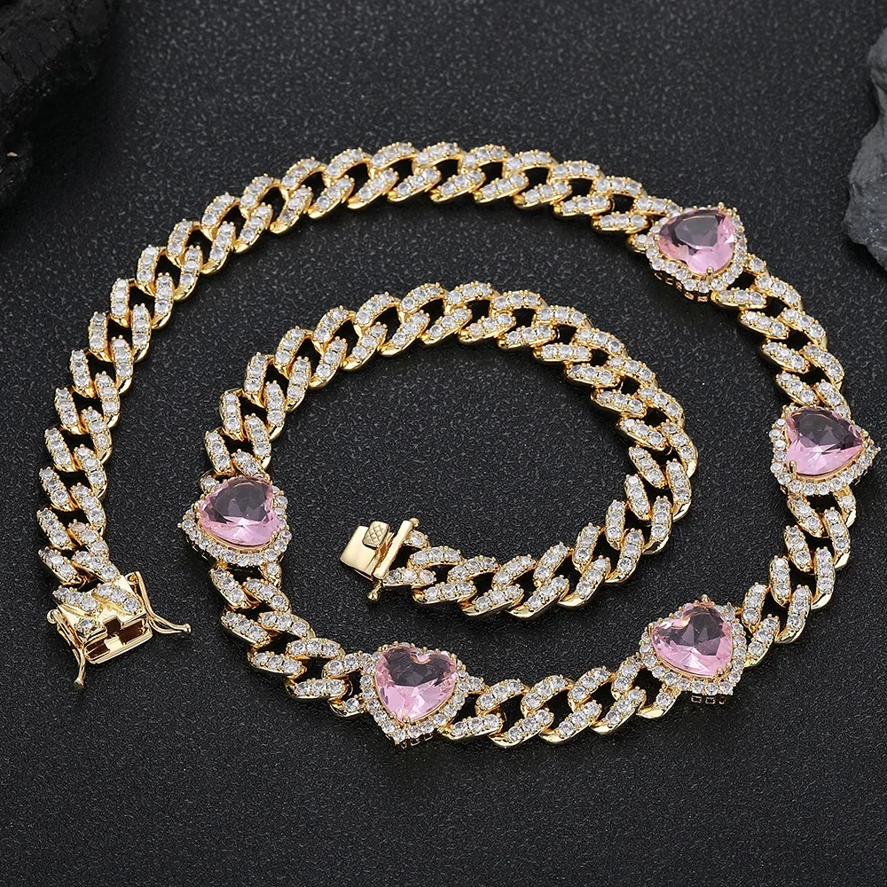 Cuban Chain for Women 10Mm Pink Zircon Love Jewelry Men's Hip Hop Cuban Peach Heart Ladies