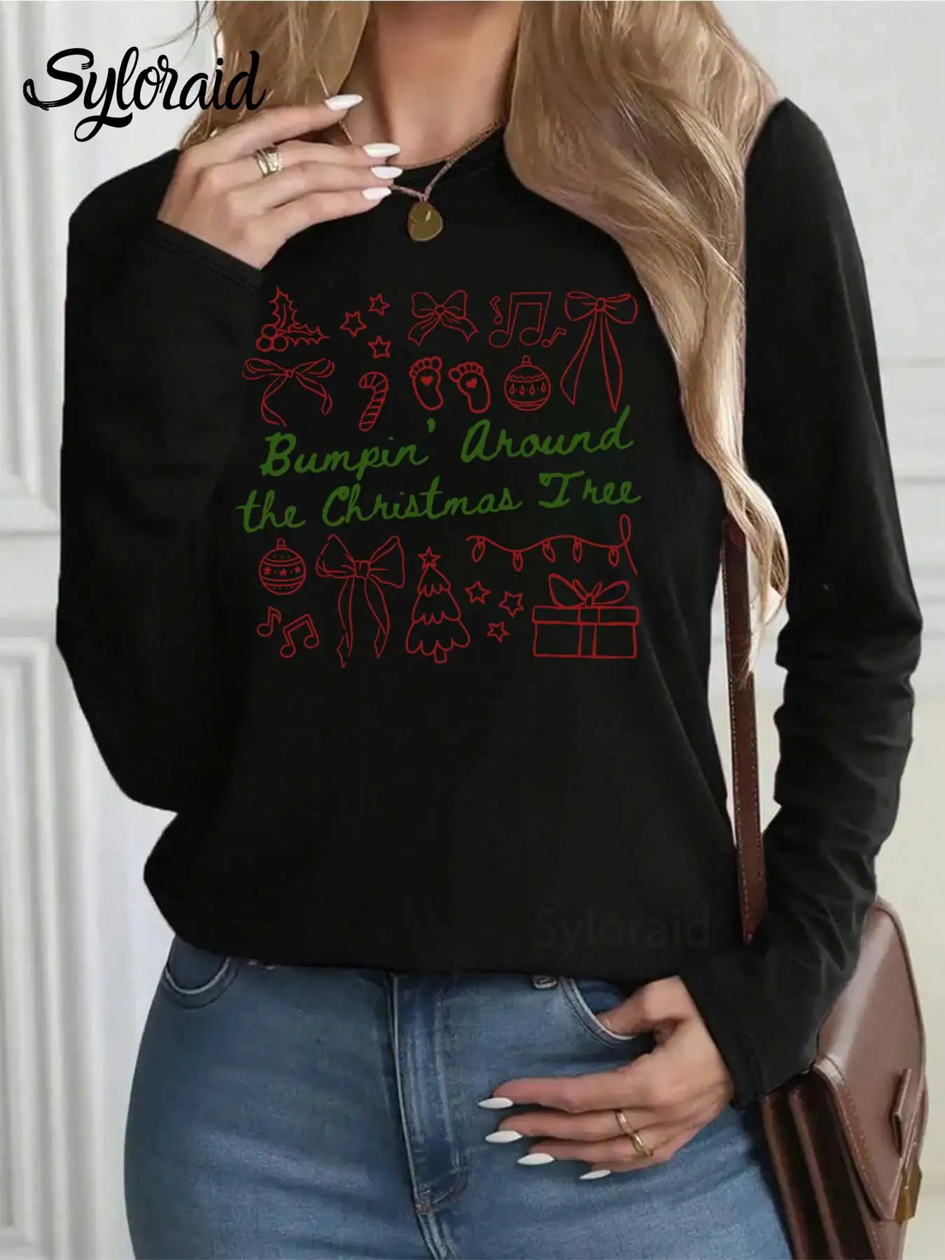 女性の長袖 T シャツ クリスマス妊娠発表プリント T シャツ 面白いホリデーシャツ ファッション ラウンドネック カジュアルトップ