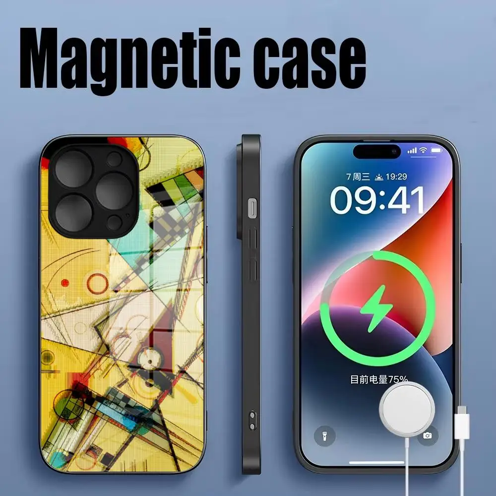 Wassily Kandinsky Abstract Artistic Phone Case Glass For IPhone 16 15 14 13 12 11 Pro Max Plus Magnetic charging phone case