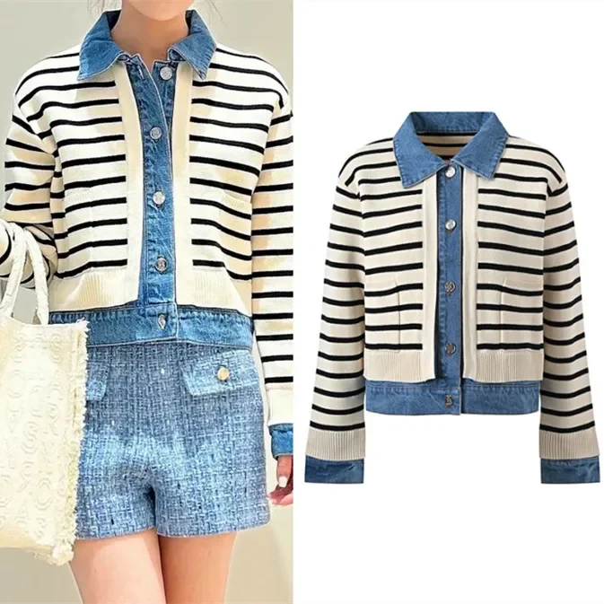 High End Version European Goods S Home Women Clothes Fake Two Pieces Patchwork Denim Shirt Collar Top Striped Knitted Short C...