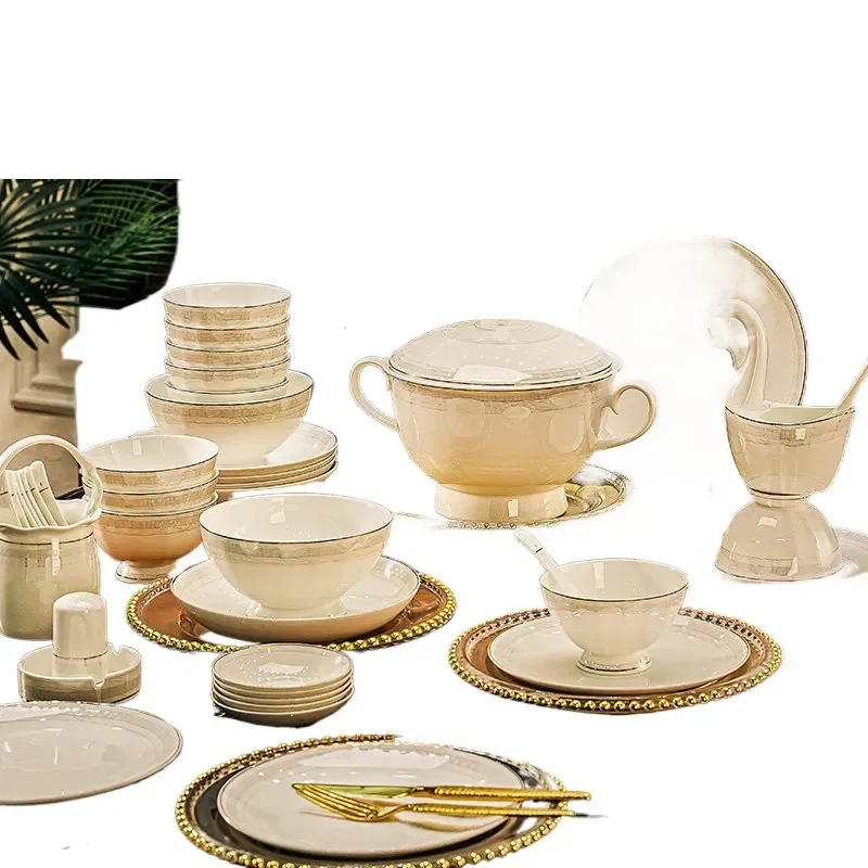 Bone China Dishes Set Household Light Luxury Simple High Sense Ceramic Tableware for Housewarming