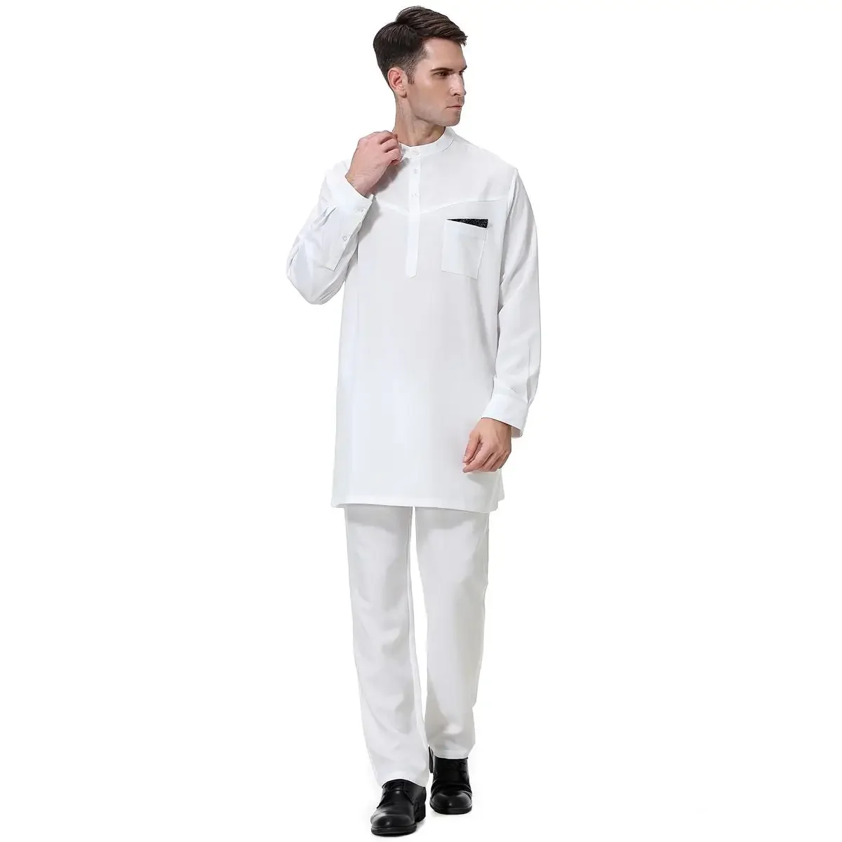 Abito da uomo arabo saudita Jubba Thobe caftano Abaya musulmano Thoub Dubai top a maniche lunghe pantaloni set da 2 pezzi Ramadan Eid abbigliamento islamico
