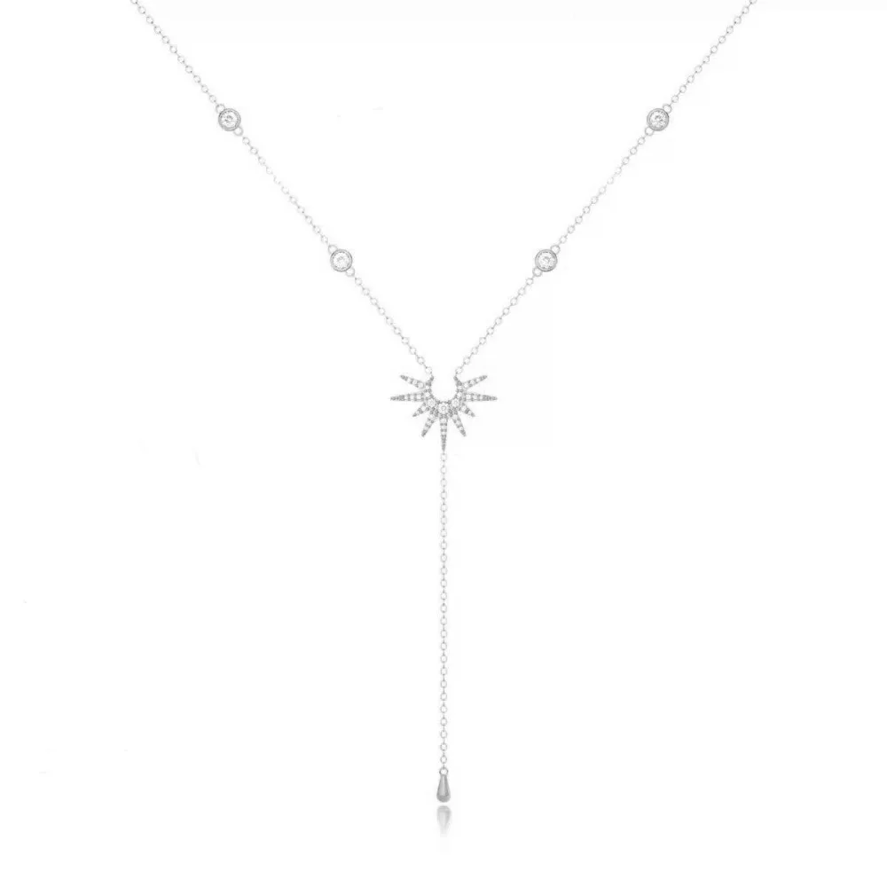 Boho Gold Color Sunburst Y Lariat Necklace for Women Crystal Station Long Chain Teardrop Pendant Sexy Body Jewelry Gift