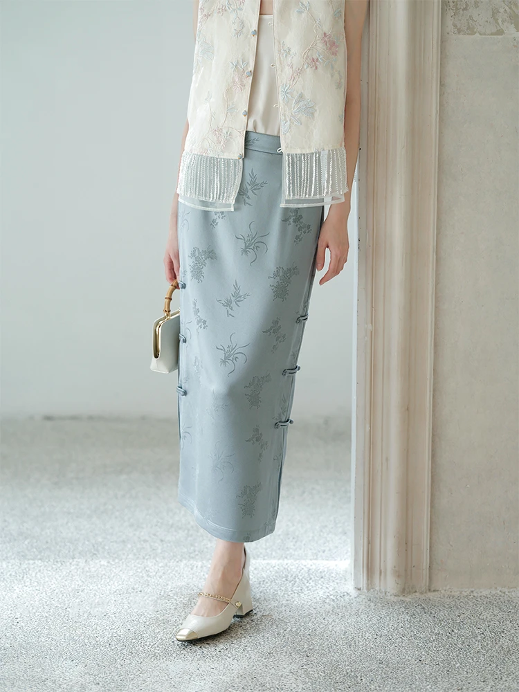 

Новая китайская женская юбка миди с высокой талией, летняя коллекция 2025, прямого кроя, длинная, с пуговицами и нежным цветочным узором