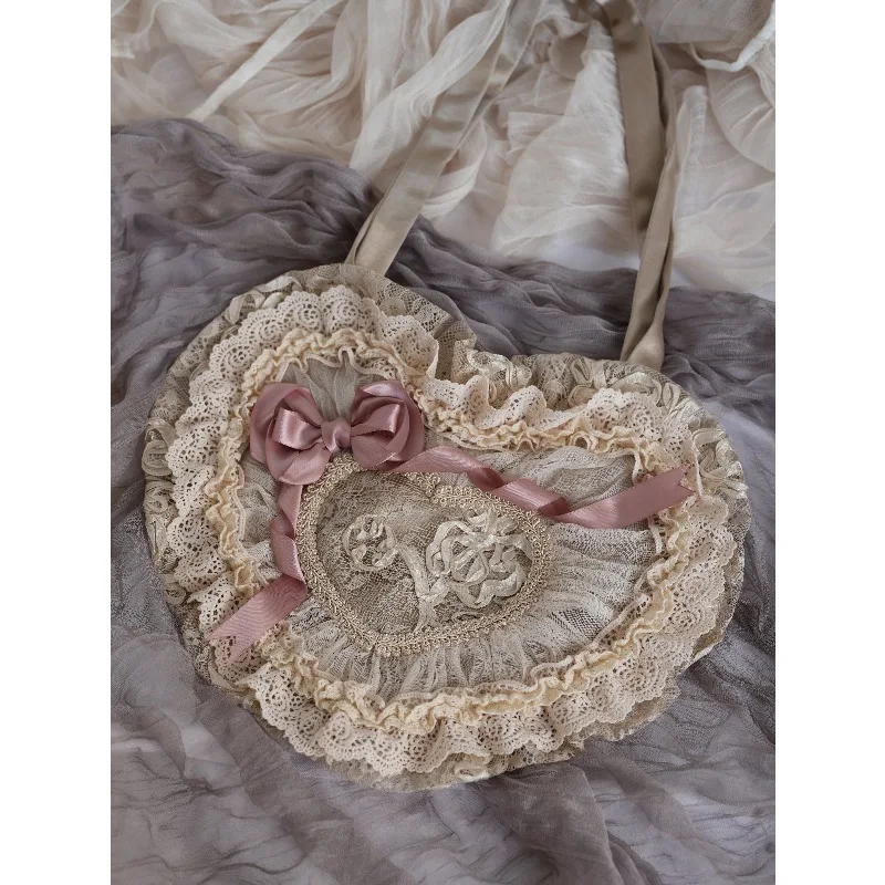 Spring 2026 Vintage Love Bags Sweet Lady Lolita Elegant Bow Lace Ruffled Edge Shoulder Bag Doll Lace Handbag for Women