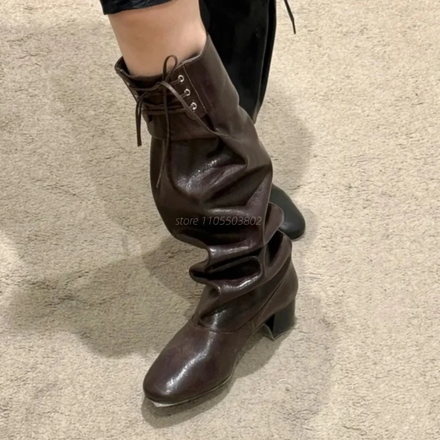 

Women Black Brown Leather Ruched Knee High Boots Round Toe Lace Up Chunky High Heel Slouchy Stacked Boots Combat Western Boots