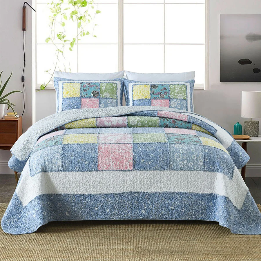 CHAUSUB 3PCS Queen Size Quilt Set Floral Cotton Patchwork Bedspread Comforter Lightweight Summer Coverlet Blanket for Bed