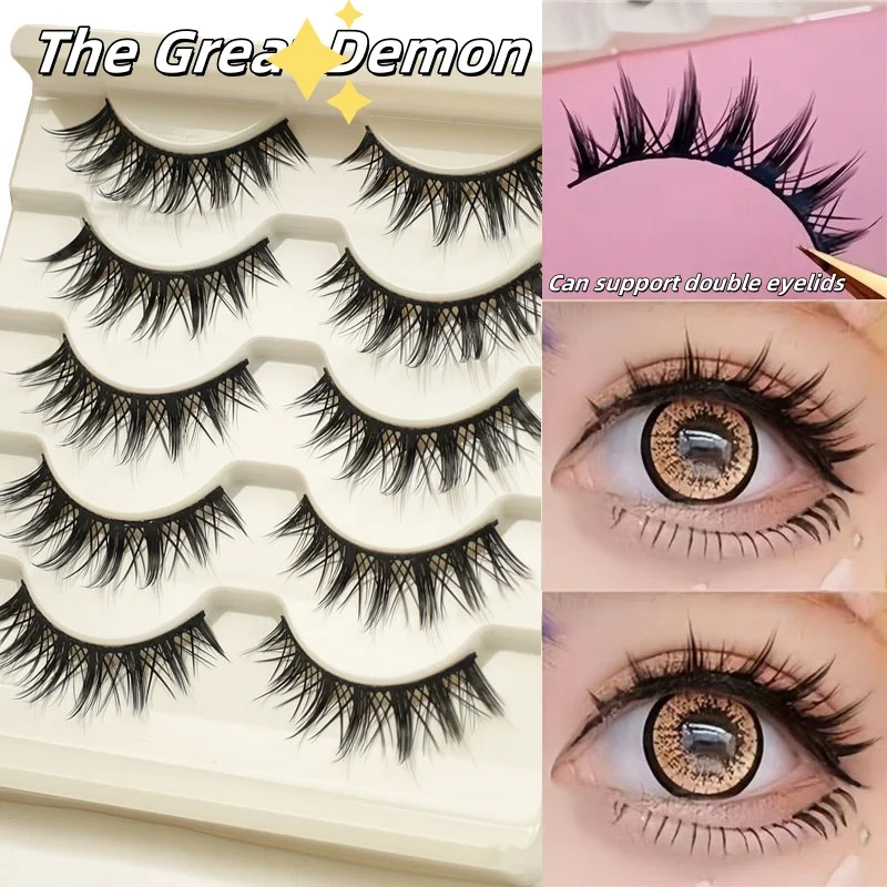 5 أزواج من الرموش الصناعية الشيطانية ذات الجذع الأسود، وذيل مدبب مزدوج الجفن، والرموش الطويلة والسميكة