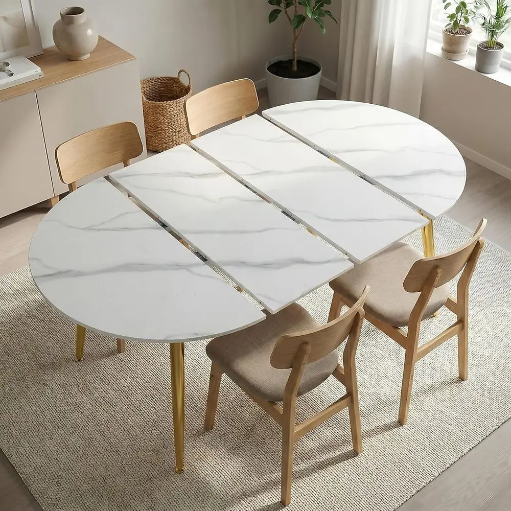 

Expandable 70 Round Marble Top Dining Table with Gold Metal Legs