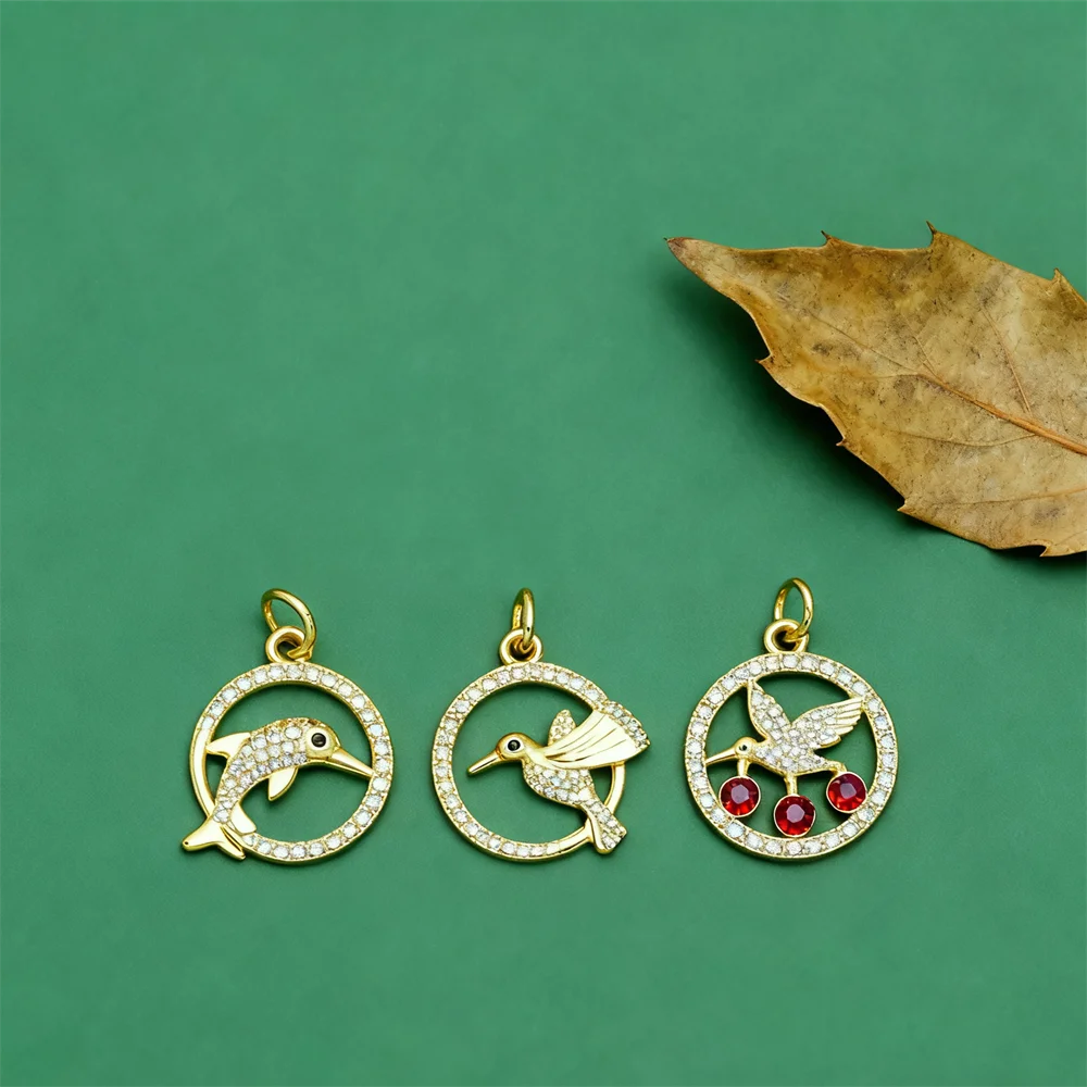 2Pcs Pendants Brass Animal Charms with Cubic Zirconia Dolphin Bird Hummingbird DIY Jewelry Charms for Necklace Bracelet Making view 3