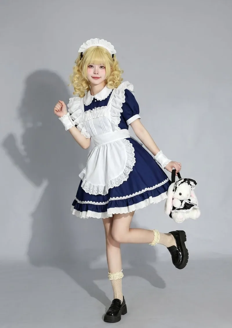 IOOTIANY Marineblau-weißes Dienstmädchen-Lolita-Kleid mit Schürze und Spitzenbesatz, Halloween-Party, süße Lolita-Kleider, Kellnerin-Cosplay-Kostüm – Detail 5