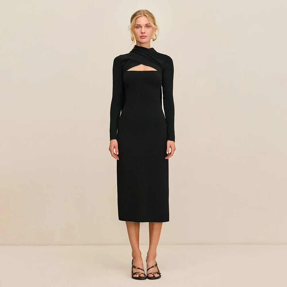 

Midi Cocktail Dress 2 Pieces Left Side Split Long Sleeves Jacket Column Cocktail Gowns for Women 2025 Tea Length Party Dresses