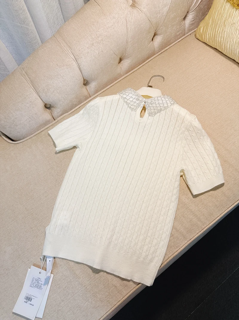 

Лето 2023, новая женская футболка Sle, круглая, Ne ort Sve, вязаный топ с тяжелой вышивкой и буквенным дизайном, шелковый шерстяной кукольный воротник