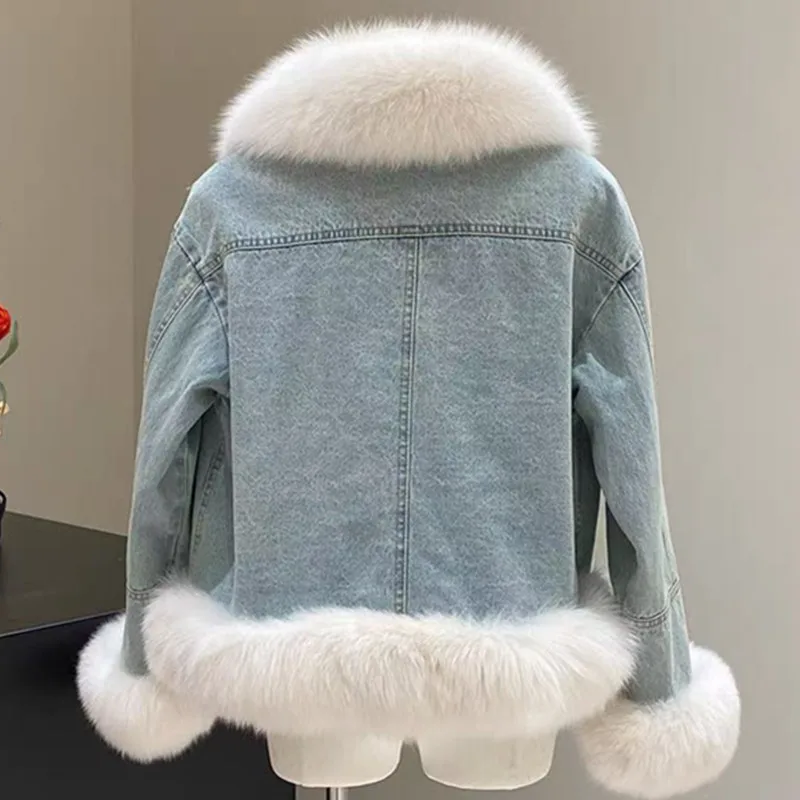 Women Denim Coats Y2k Casual Jackets Squre Collar Long Sleeves Faux Fur Distressed Loose Open Stitch Slight Strech 2026 Autumn