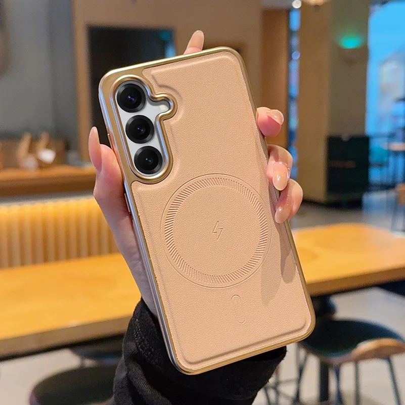 

Premium Vegan Leather Texture Magnetic Cover Shockproof Wireless Charging Case For Samsung S26 S25 Edge S24 Plus Ultra Series