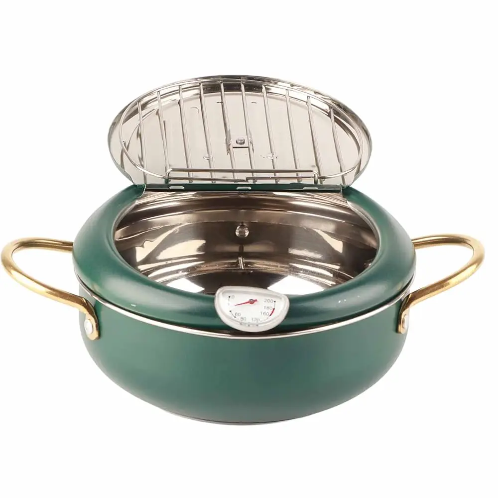 Olla de Acero Inoxidable para Freír con Termómetro, Freidora Antiadherente con Tapa y Rejilla Escurridora de Aceite, Sartén Japonesa para Tempura