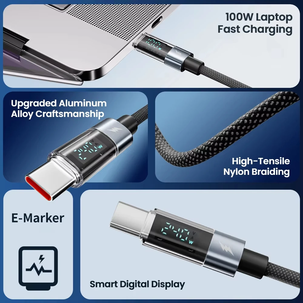 100W Transparent LED Digital Display Cable Fast Charging Data Cable C-C A-C For iPhone 16 17 Pro Max 18 15 Laptop Tablet