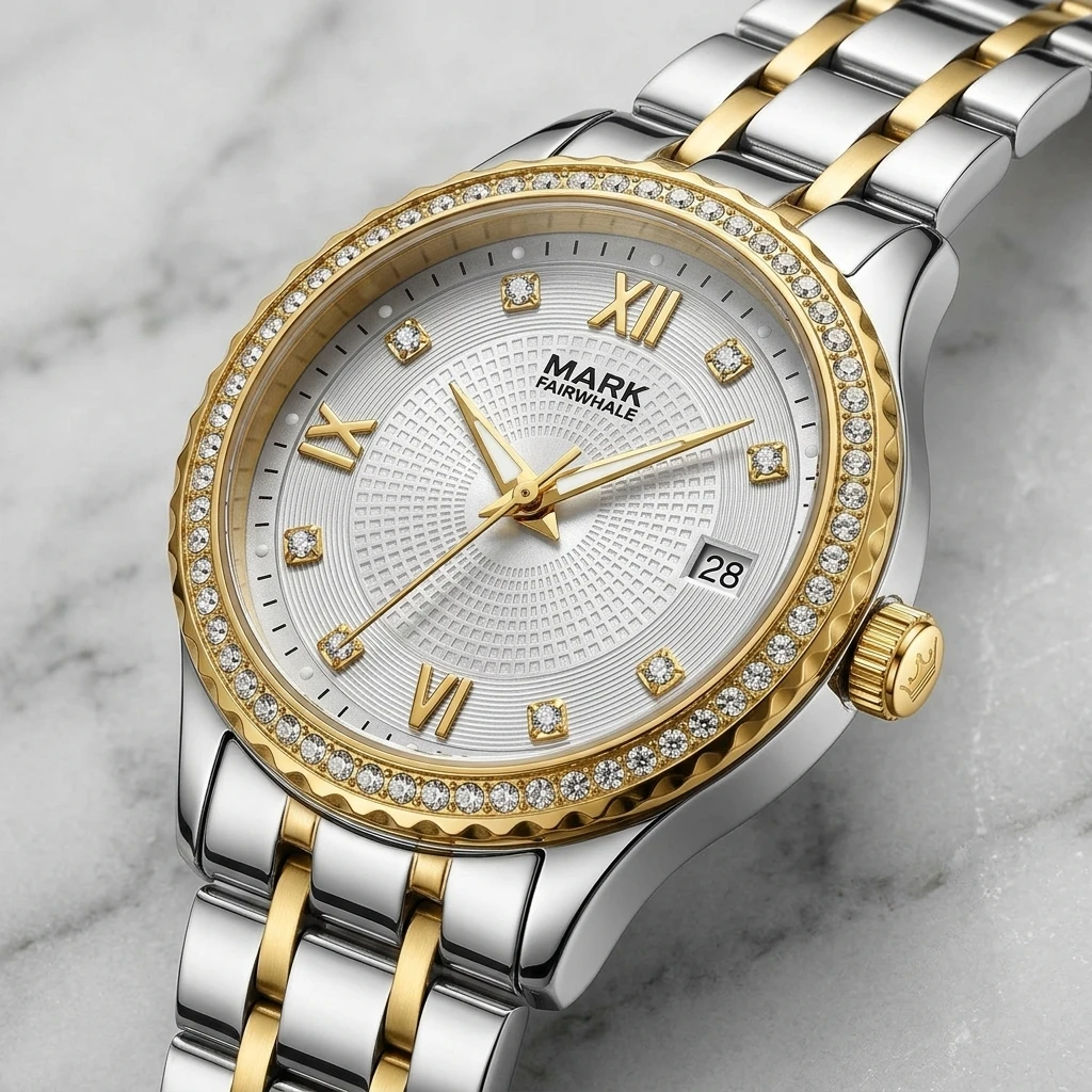 Mark Fairwhale Ladies Quartz Watch Round Roman & Crystal Index Dial Date Window Two-tone Metal Link Bracelet Female Wristwatch