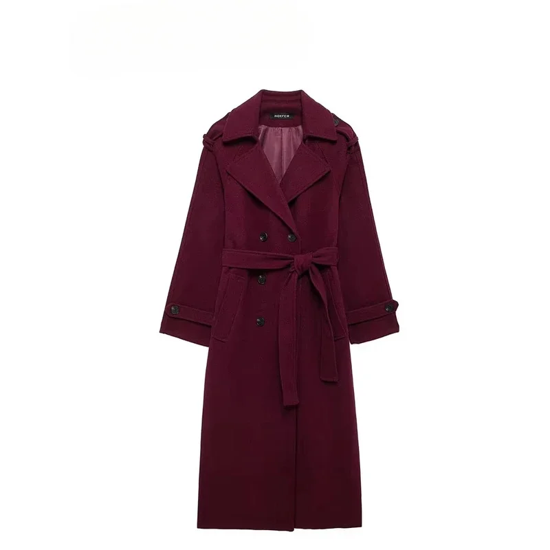 TRAFZA 여성 가을 ​​우아한 특대 부르고뉴 윈드 브레이커 긴 소매 옷깃 더블 브레스트 벨트 통근 겉옷 코트