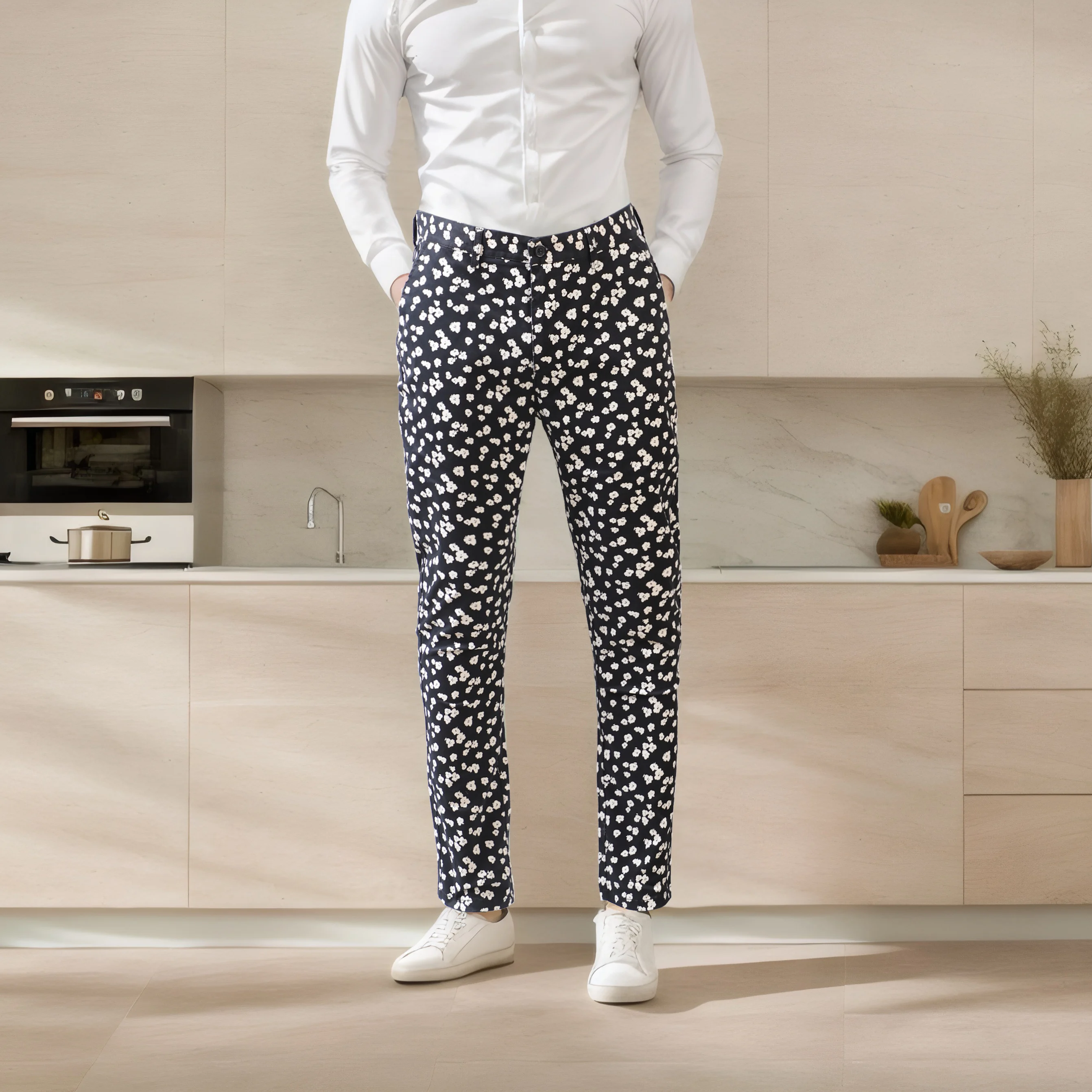 2024 new black and white printed casual pants for men, fashionable casual business pants