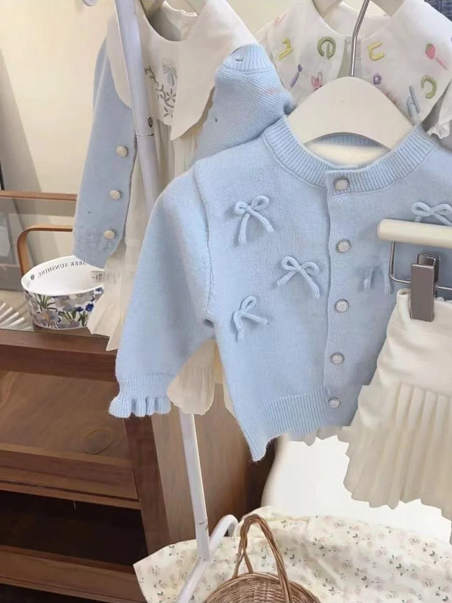 

Spring Autumn New Sle Girls Knitted Cardigan Sweater Thin Knot Baby Sweet Top Korean Sle Long Sve round Ne...