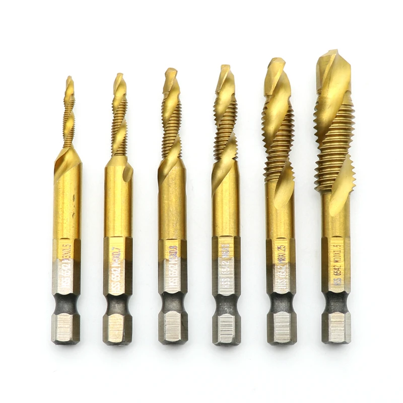 

6 шт., 1/4 дюйма, метрический титановый сверлильный метчик с шестигранным хвостовиком, набор комбинированных бит, винт из быстрорежущей стали, резьба M3 M4 M5 M6 M8 M10, инструмент для метчиков