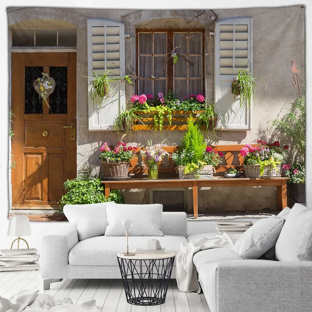 Street Landscape Tapestry Mediterranean Architecture Green Plants Flowers Rustic Doors Windows Patio Wall Hanging Decor